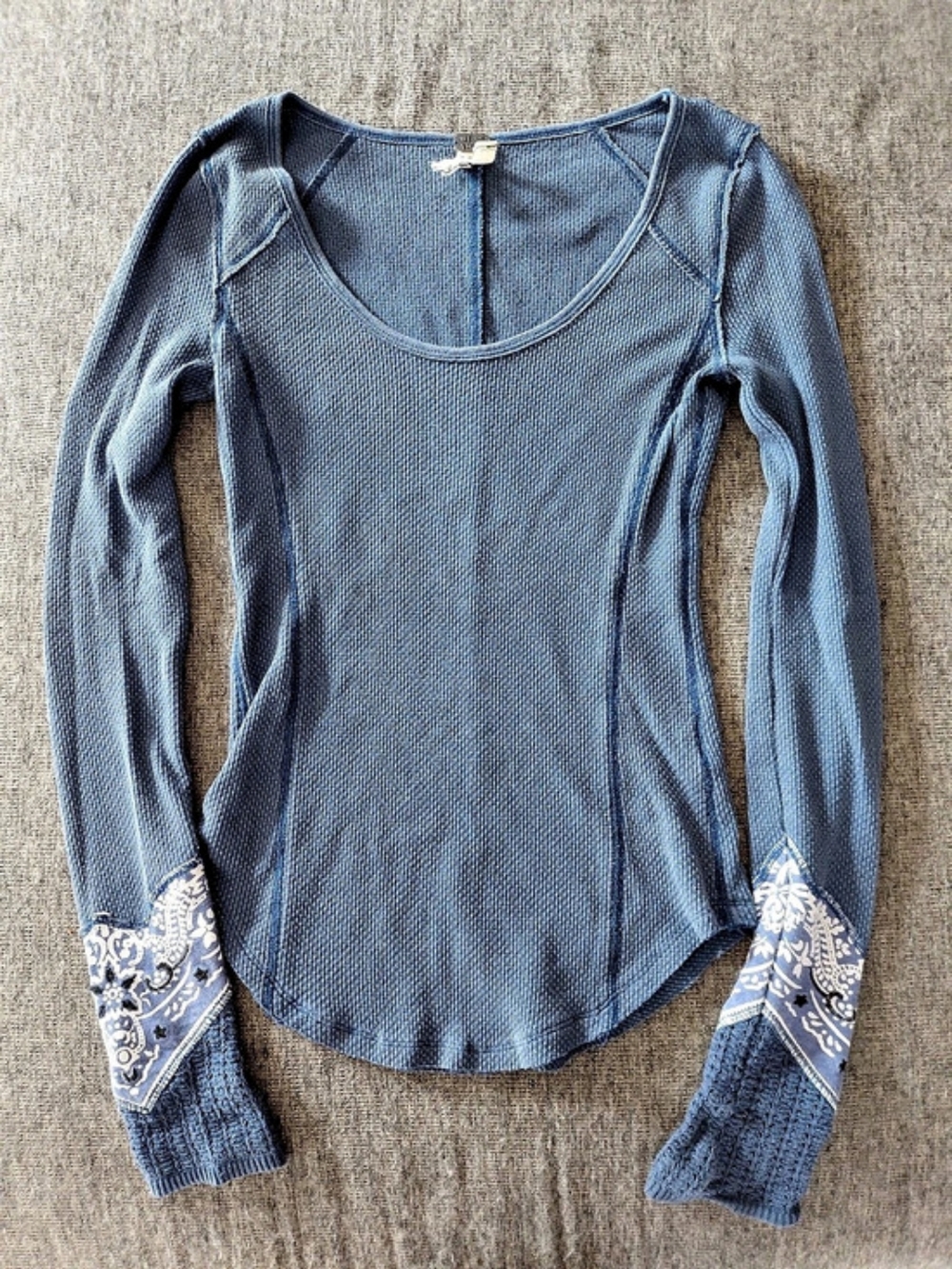 Free People Bandana Cuff Thermal Top Blue Long Sleeve XS